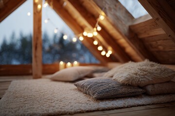 Cozy attic with soft lighting and pillows