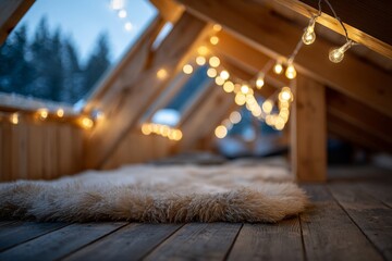Cozy attic with warm string lights