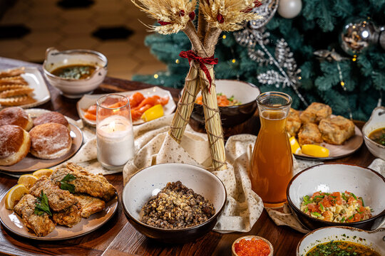 Traditional Ukrainian Sviata Vecheria festive dinner table