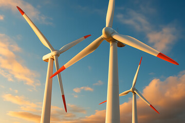 Renewable energy closeup of rotating wind turbine propellers generating power and representing sustainability technology and green electricity