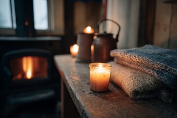 Cozy cabin interior with lit candle