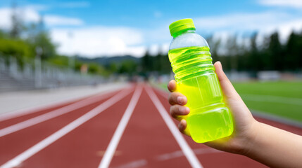 Hand holding a bright green isotonic drink bottle, with a blurred athletic track and field in the background, showcasing hydration and fitness lifestyle in a vibrant outdoor setting