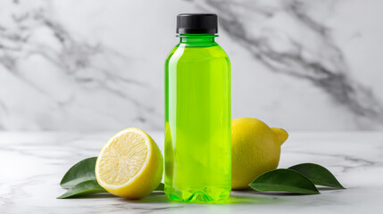 Green beverage bottle with black cap, surrounded by fresh lemons and green leaves on a marble surface, showcasing vibrant colors and refreshing nature