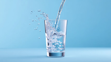 Clear glass filled with fresh water, splashes and bubbles visible, against a soft blue background, creating a refreshing and vibrant atmosphere for hydration concepts