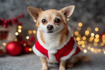 Festive chihuahua in Santa costume with red ornaments