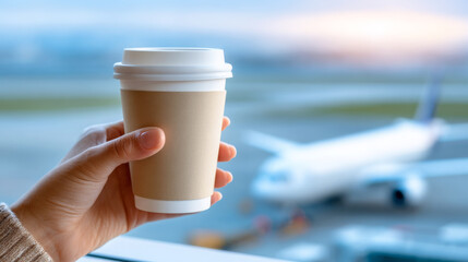 Hand holding a disposable coffee cup in an airport terminal, with an airplane visible in the background, capturing the essence of travel and relaxation before departure