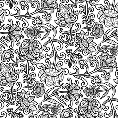Black and white swirl pattern, doodle. Seamless floral pattern-936.
