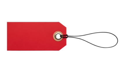 Red paper tag isolated PNG, blank price label with string for retail, sale, and gift wrapping on transparent background