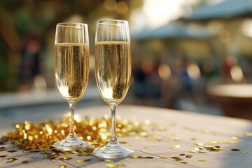 Two glasses of champagne with confetti