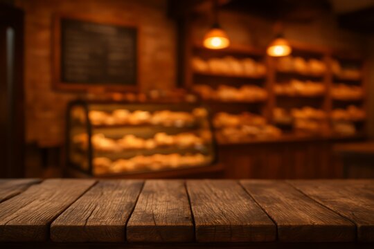Bakery with a wooden counter and a chalkboard menu. The bakery is filled with bread and pastries - Powered by Adobe