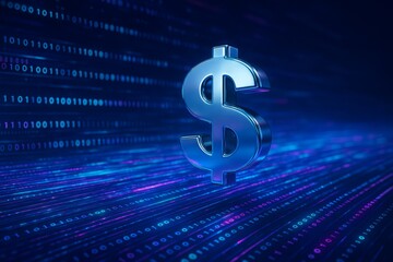 Dollar sign is displayed on a blue background. The dollar sign is surrounded by a series of blue and purple lines