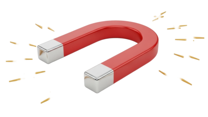 Red horseshoe magnet attracting metal shavings PNG isolated on transparent background, physics science tool for education and experiments