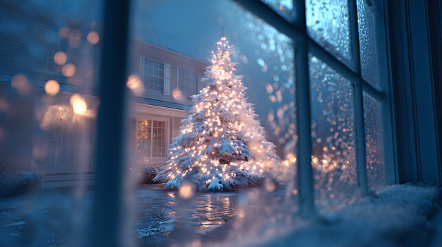 A pastel Christmas tree at night, seen through a window with snowflakes. The tree glows with hundreds of tiny, soft white lights. The color scheme is icy blue, silver, and lilac. Nostalgic, peaceful, 