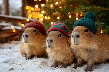Christmas capybaras in snow with glowing background