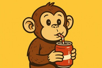 Cartoon monkey is drinking a soda from a can. The image has a playful and lighthearted mood, as the monkey is depicted as a cute