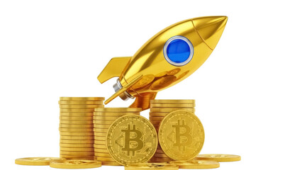 Golden rocket on Bitcoin coins isolated PNG, cryptocurrency investment concept for financial growth and technology innovation