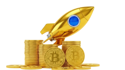 Golden rocket on Bitcoin coins isolated PNG, cryptocurrency investment concept for financial growth and technology innovation