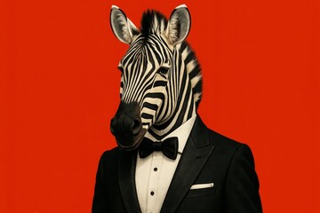 Naklejka premium Zebra wearing a tuxedo and bow tie. The zebra is dressed up and looking at the camera