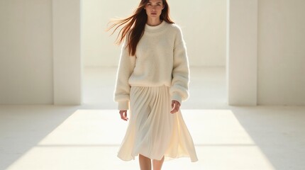 Young woman in fuzzy cream sweater and pleated skirt walking through bright minimalist corridor with sunlight, ideal for fashion and lifestyle concepts