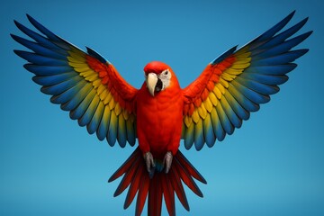 Fototapeta premium Colorful parrot with a red head and yellow and blue wings is perched on a blue background