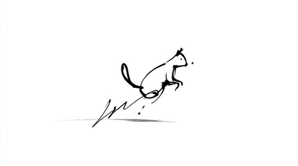 Minimalist black ink sketch depicts small rodent leaping across a white background