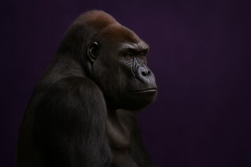 Obraz premium Gorilla is standing in front of a purple background. The gorilla has a serious expression on its face