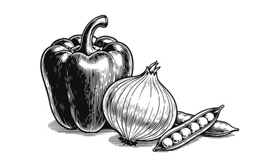 Bell pepper, onion and peas in a clean vector style, detailed fresh vegetables illustration. fresh vegetables, pepper onion, veggie mix, food vector, natural ingredients