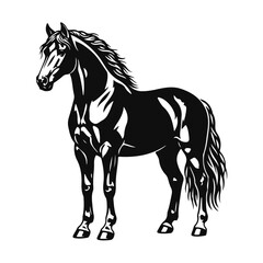 A black and white silhouette of a standing horse with an elegant posture. Horse silhouette, standing horse, black horse, vector horse, farm animal