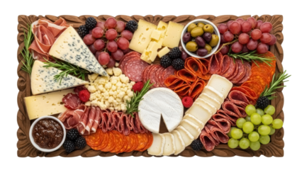 Gourmet charcuterie board with cheese, meats, grapes, and olives isolated on transparent background, delicious appetizer platter for entertaining