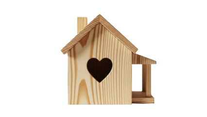 Wooden birdhouse with heart-shaped hole isolated PNG, unfinished wood bird house for crafts and decoration on transparent background