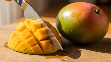 Cutting a ripe mango into cubes on a wooden board with a whole mango next to it
