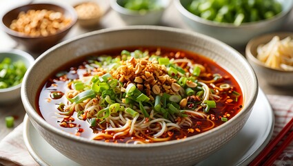Authentic spicy asian noodle soup with vibrant red chili oil broth, fresh green onions, and crunchy roasted peanuts