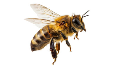 Detailed honeybee PNG isolated on transparent background, close-up of a flying insect with wings and striped abdomen for beekeeping and nature designs