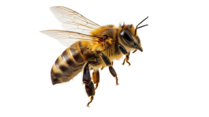 Detailed honeybee PNG isolated on transparent background, close-up of a flying insect with wings and striped abdomen for beekeeping and nature designs