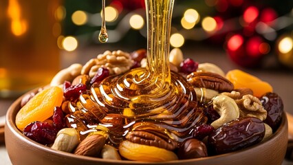 Delicious bowl of mixed nuts and dried fruits with honey pouring down, festive background