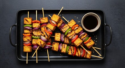 Grilled tofu skewers with bell peppers and onions on dark ceramic tray