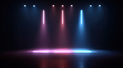 Illuminated stage with vertical neon lights and ground illumination.