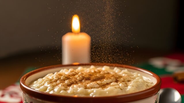 Creamy rice pudding sprinkled with cinnamon next to a lit candle, cozy holiday dessert - Powered by Adobe
