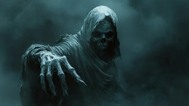 Horrifying grim reaper with a skull face emerging from a dark, misty background. This ghastly undead figure is reaching out a decaying hand