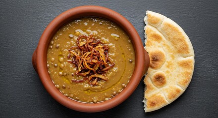 Lebanese lentil soup with crispy onions in ceramic bowl with bread