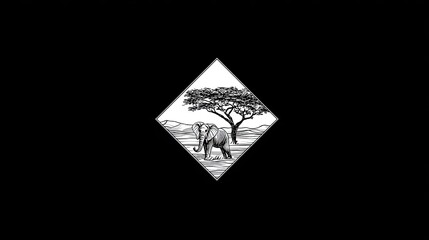 Stylized black and white illustration depicts an elephant standing near an acacia tree within a diamond frame against a solid black background