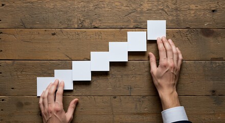 Male hands arranging blank paper staircase upward, career development metaphor