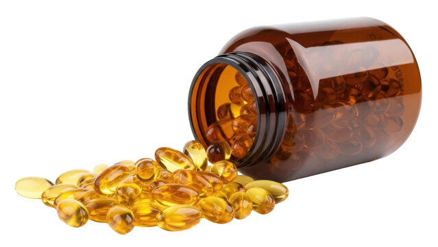 Amber bottle with omega-3 fish oil capsules isolated PNG, dietary supplement for health and wellness on transparent background