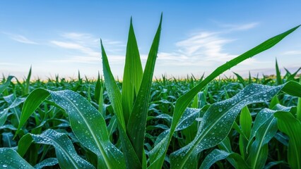 Dew-covered cornfield with clear blue sky at dawn