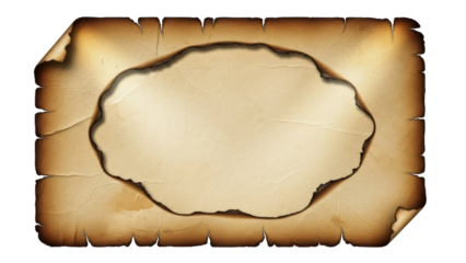Burnt edge paper PNG isolated on transparent background, old parchment with charred hole for vintage design and scrapbooking