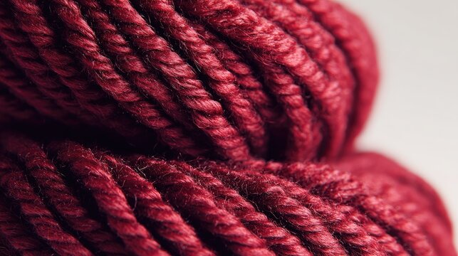 Close-up of rich, deep red yarn fibers, tightly wound, soft texture