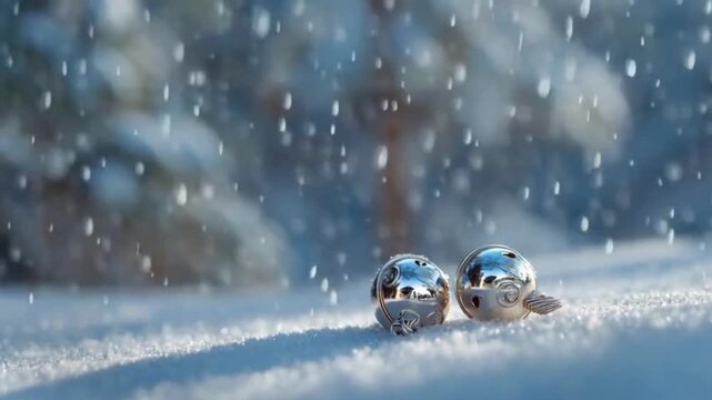 Silver jingle bells resting on fresh snow during a heavy winter snowfall festive holiday decoration closeup macro view bright light reflections cold weather atmosphere seasonal background scene
