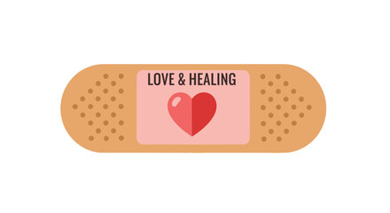 A bandage with the words love healing and a red heart illustration