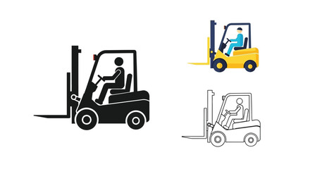 Forklift truck illustrations in black yellow and outlined styles for industrial graphics