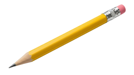 Yellow pencil with eraser isolated PNG on transparent background, classic writing instrument for drawing and sketching in school or office